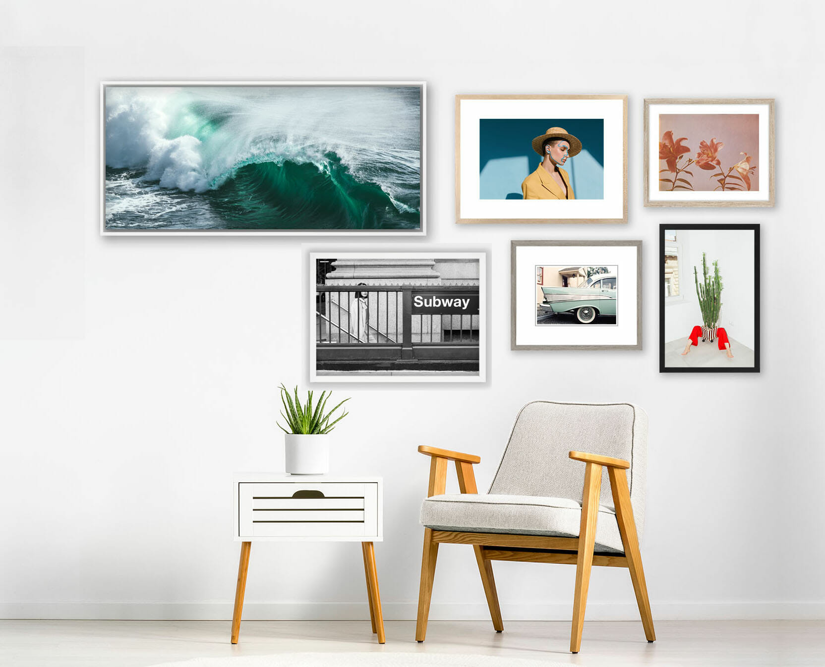 six different fine art images hanging on wall over modern chair