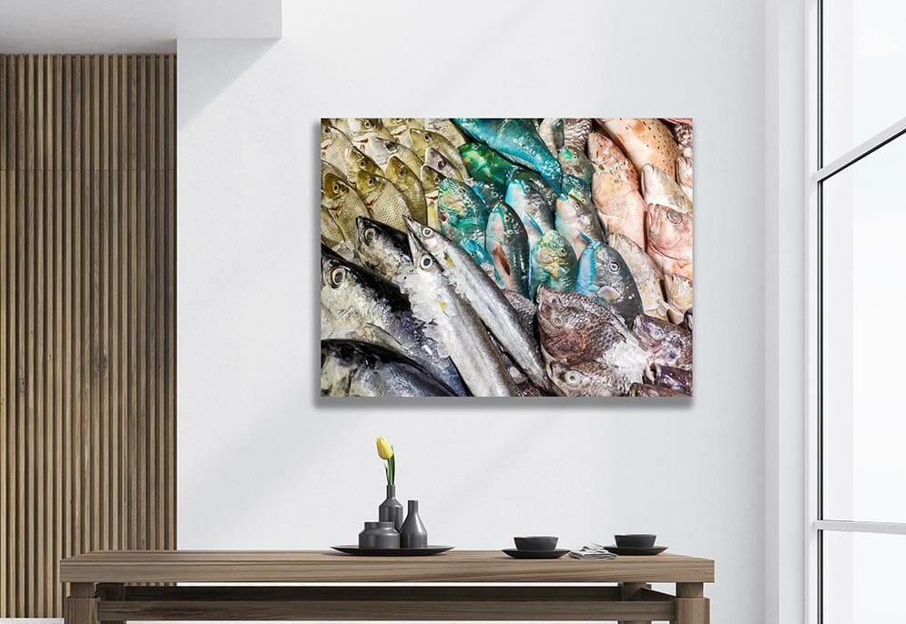 metallic image of fish in dining room